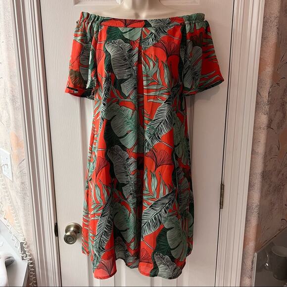 Davi & Dani Tropical Print Off Shoulder Lined Dress With Side Pockets Size S - Picture 6 of 9
